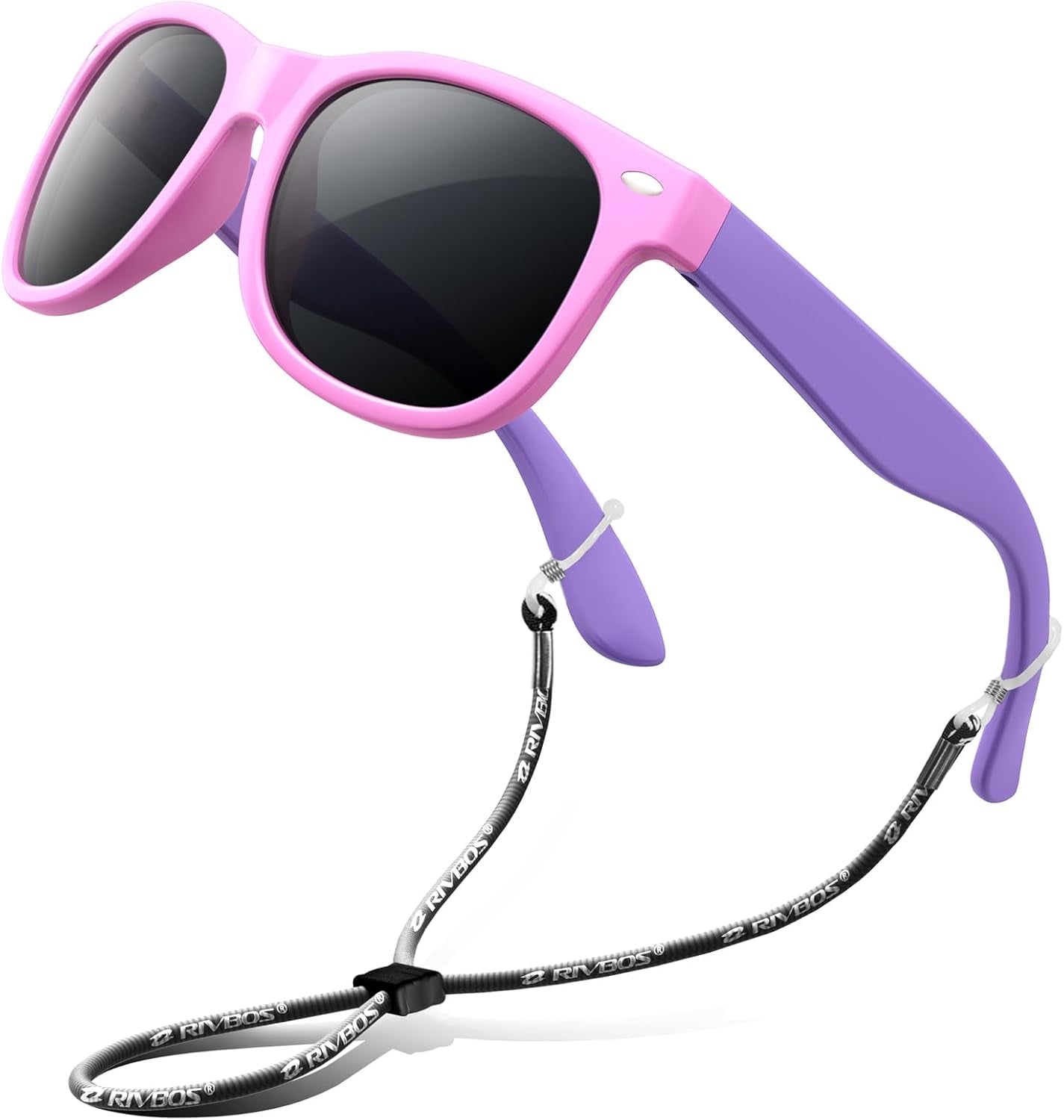 RIVBOS RBK004 Kids Polarized Sunglasses - Stylish Pink UV Protection with Flexible Frame and Adjustable Strap for All-Day Comfort
