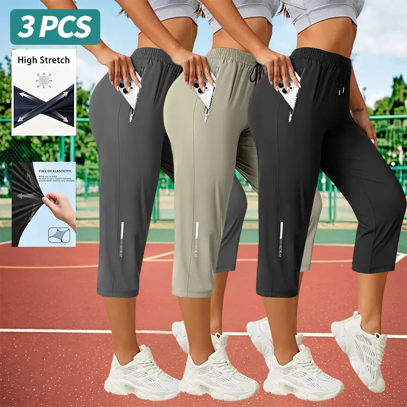 Elevate Your Summer Wardrobe with Our 3-Pack Women’s Capri Pants – Comfortable Drawstring Waist and Functional Zipper Pockets for Everyday Adventures