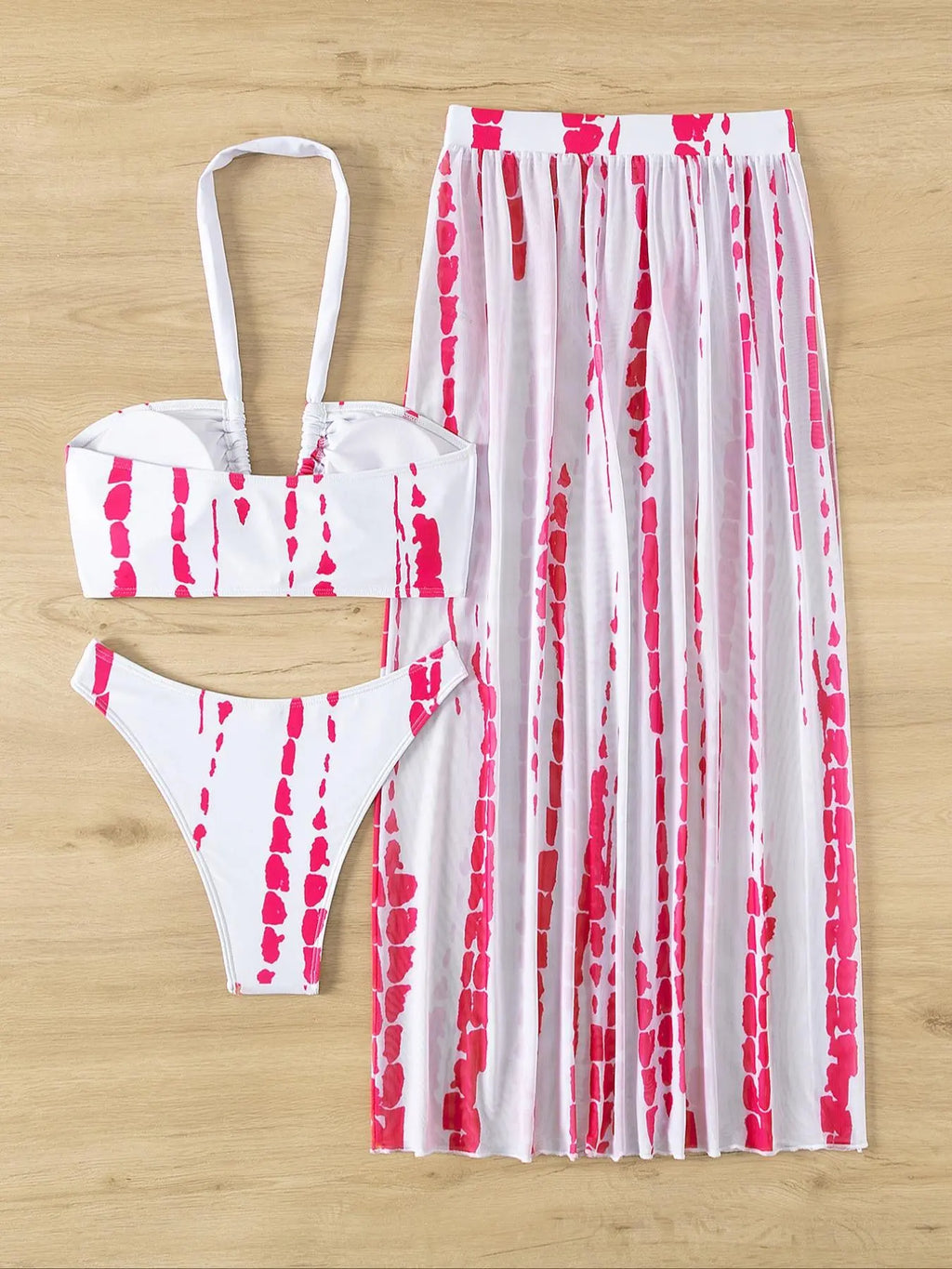 Three-Piece Women's Tie Dye Criss Cross Swimsuit Set with Halter Neck Swim Bra, Split Thigh Cover-Up Skirt, and High Cut Swim Panty for Summer Beach Wear