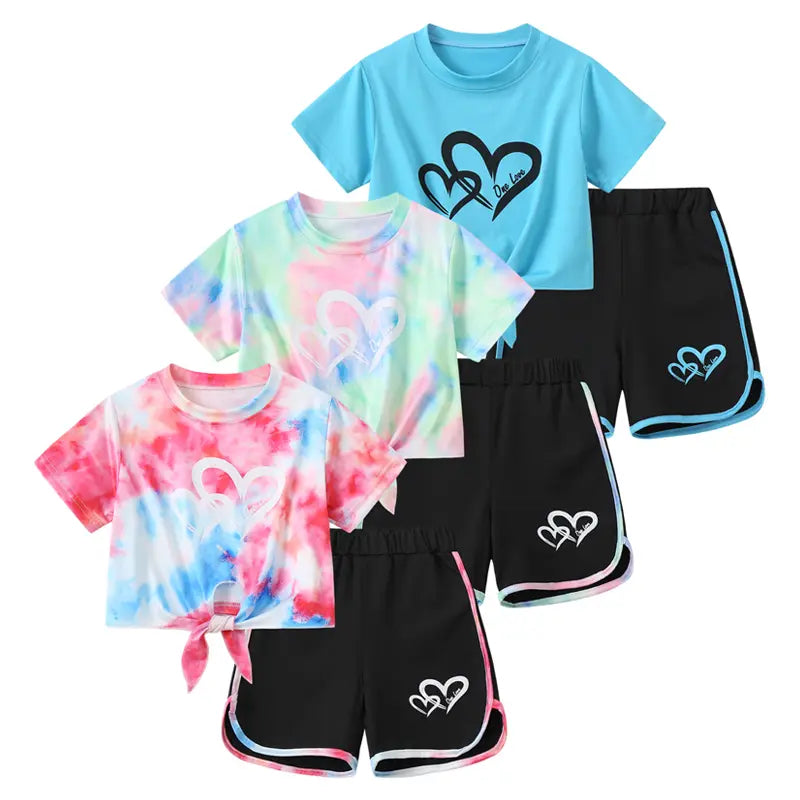 6-Pack #Summervibes Girls Summer Love Heart Print Vacation T-Shirt & Dolphin Shorts Tracksuit Set for Sports, Casual, Dance