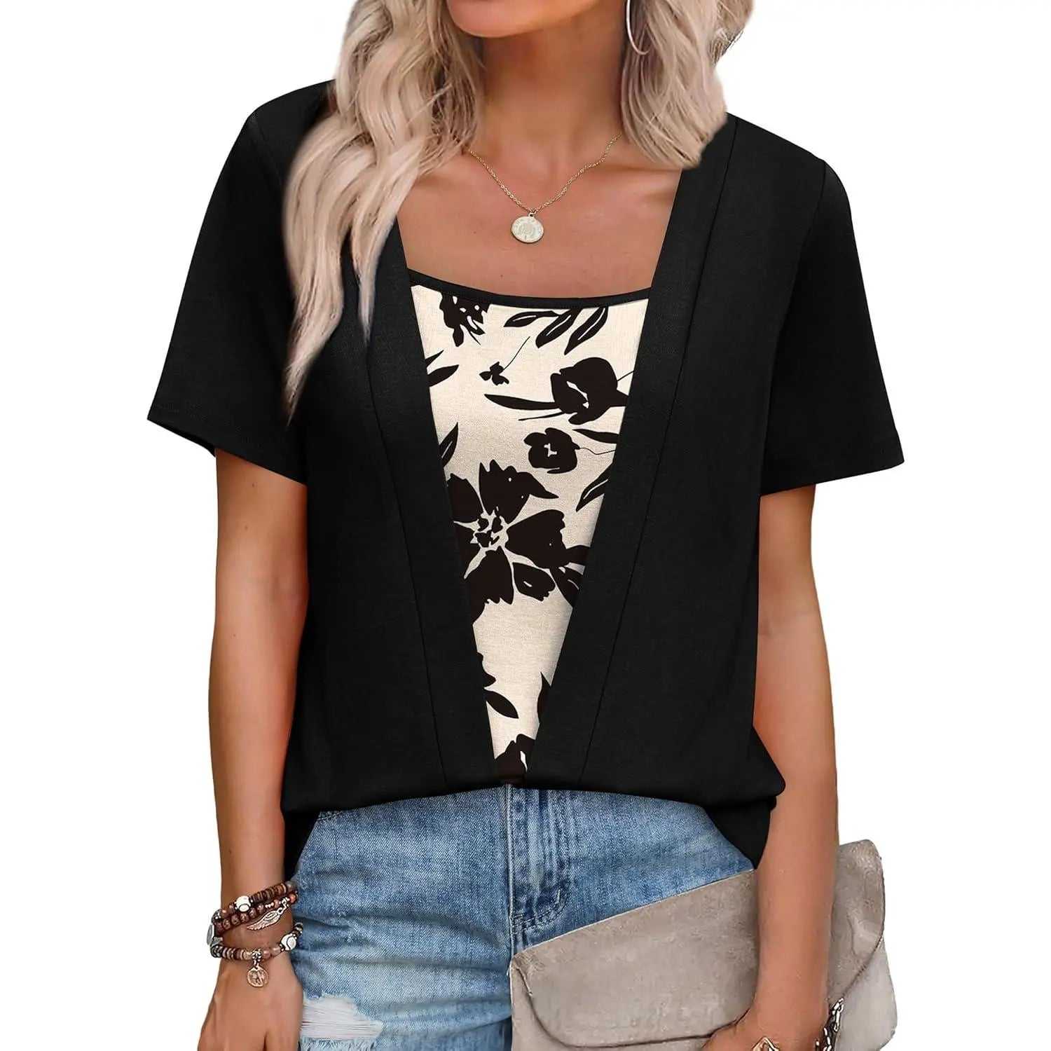 WIHOLL Fashion Womens Summer Tops Trendy 2 in 1 Blouses Short Sleeve Shirts Casual T Shirts Beach Vacation Clothes