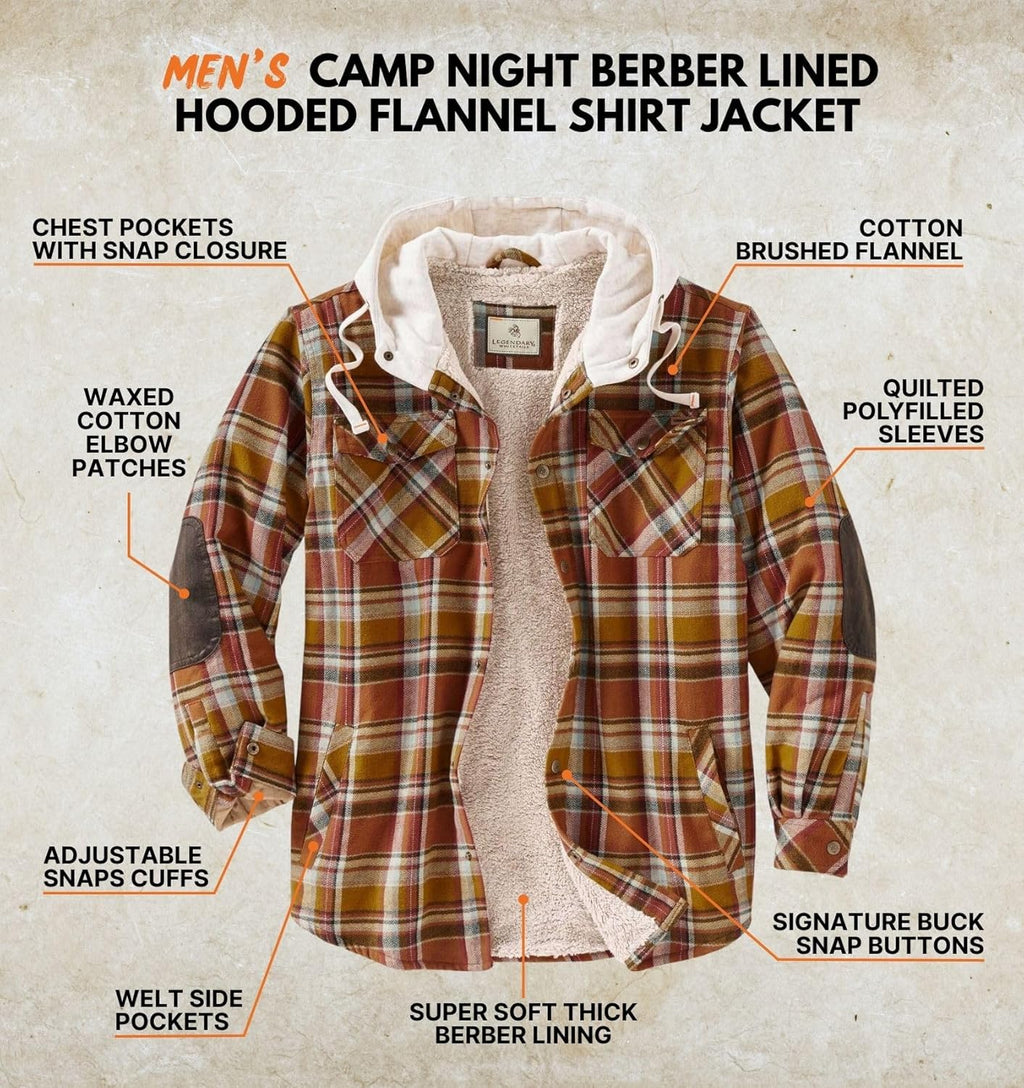 Stay Warm and Stylish: Men's Insulated Hooded Shirt Jacket with Cozy Plaid Flannel and Soft Berber Lining