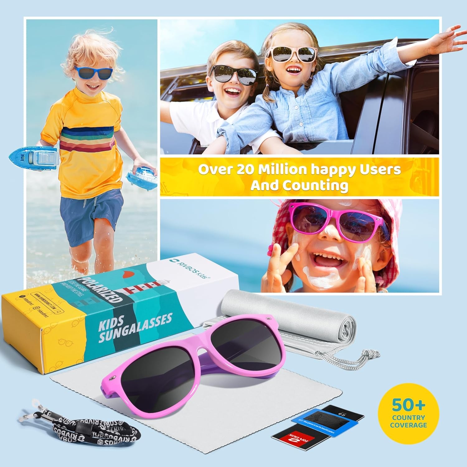 RIVBOS RBK004 Kids Polarized Sunglasses - Stylish Pink UV Protection with Flexible Frame and Adjustable Strap for All-Day Comfort