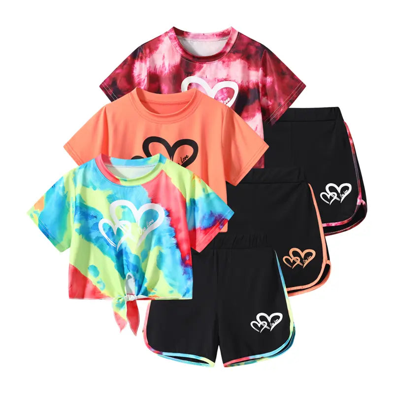 6-Pack #Summervibes Girls Summer Love Heart Print Vacation T-Shirt & Dolphin Shorts Tracksuit Set for Sports, Casual, Dance