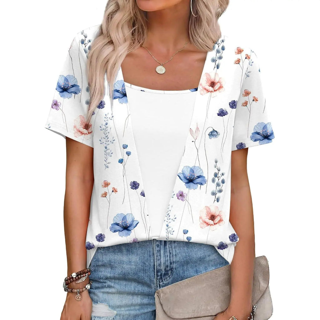 WIHOLL Fashion Womens Summer Tops Trendy 2 in 1 Blouses Short Sleeve Shirts Casual T Shirts Beach Vacation Clothes