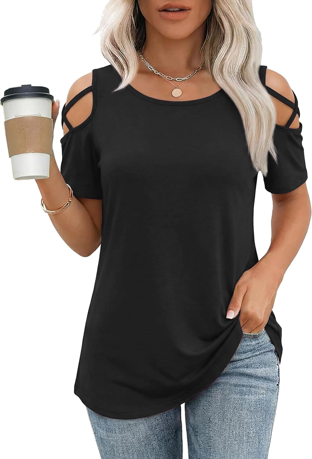 Women's Short Sleeve Cold Shoulder Tops - Spring/Summer Loose Fit Tunic 2026