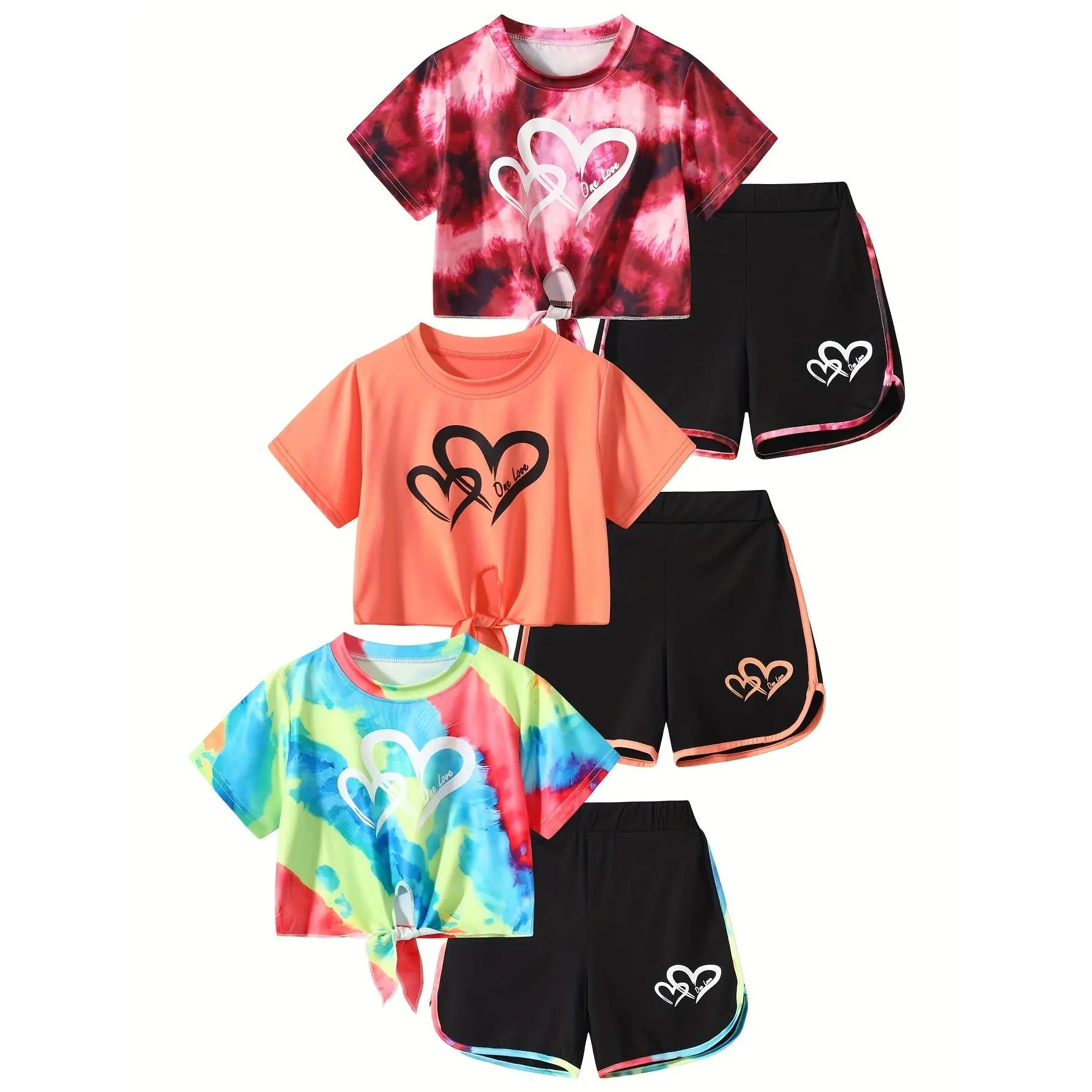 6-Pack #Summervibes Girls Summer Love Heart Print Vacation T-Shirt & Dolphin Shorts Tracksuit Set for Sports, Casual, Dance