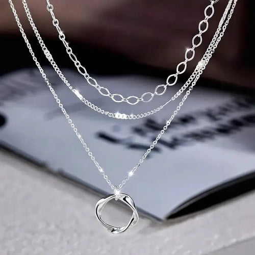 925 Sterling Silver Layered Necklace-Stylish round Pendant Design, Suitable for Parties, Vacations and Gifts
