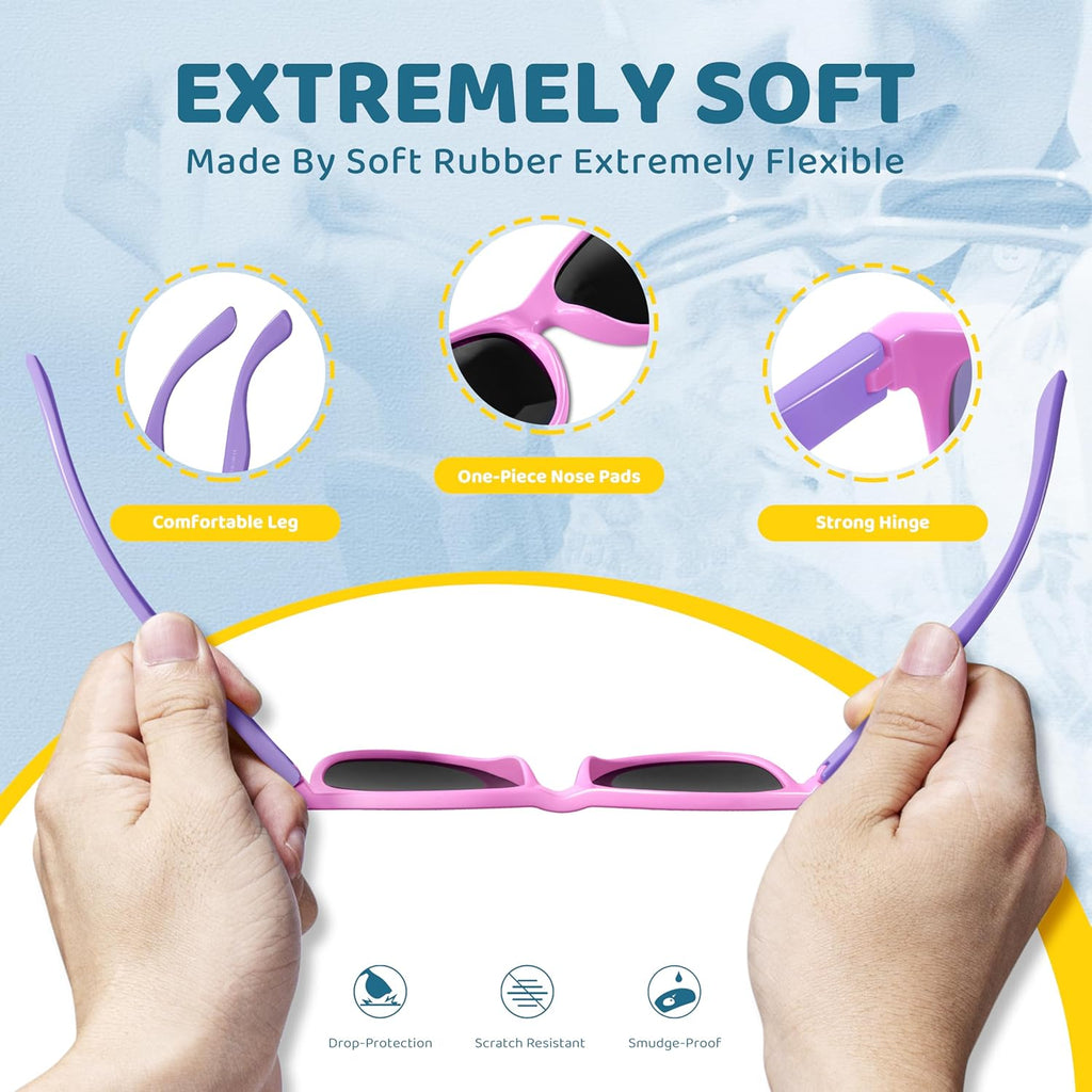 RIVBOS RBK004 Kids Polarized Sunglasses - Stylish Pink UV Protection with Flexible Frame and Adjustable Strap for All-Day Comfort