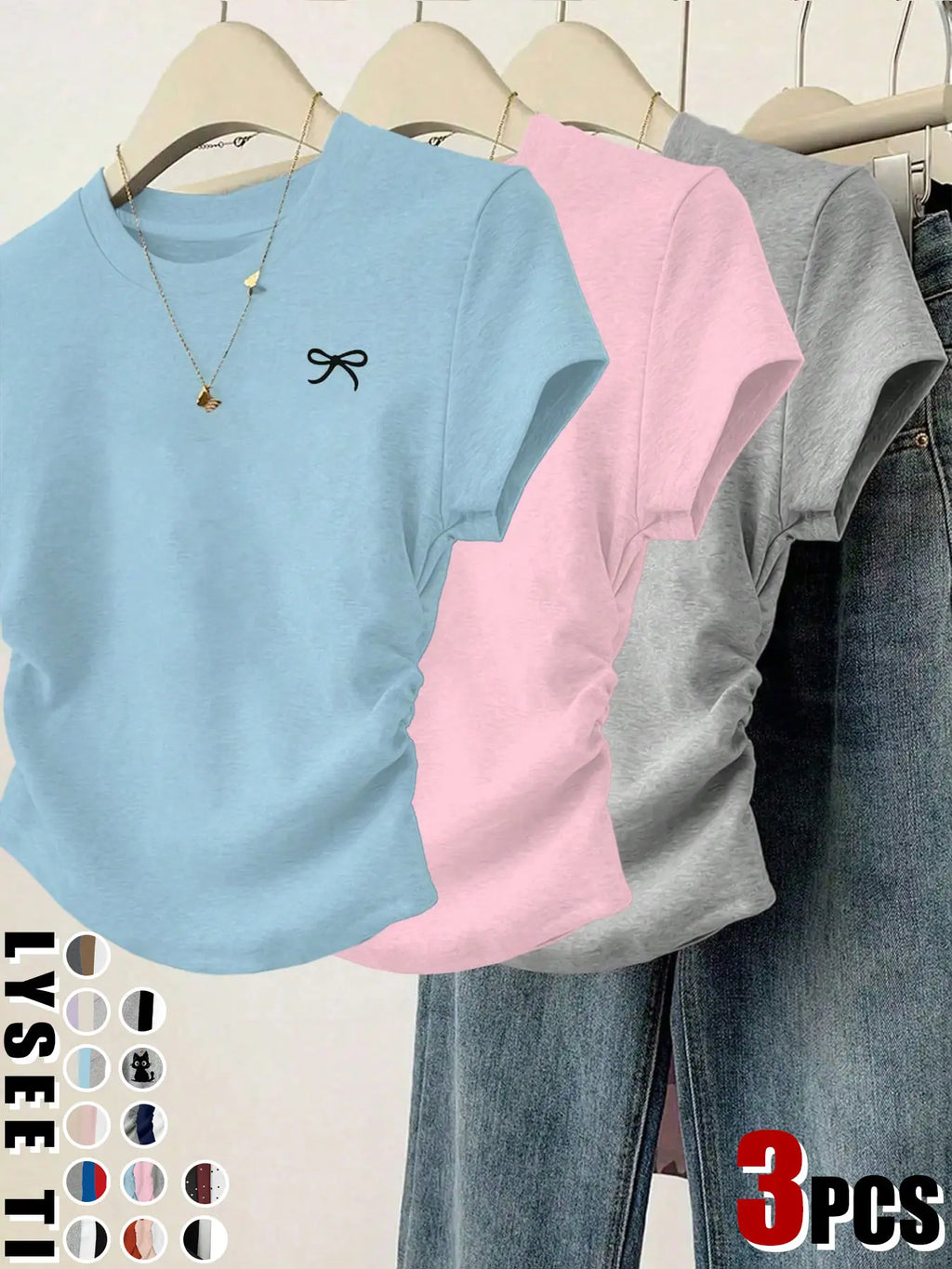 Elevate Your Wardrobe with Our Women's Casual Slim Fit Bow Print Pleated T-Shirt Set - 3 Piece Collection!