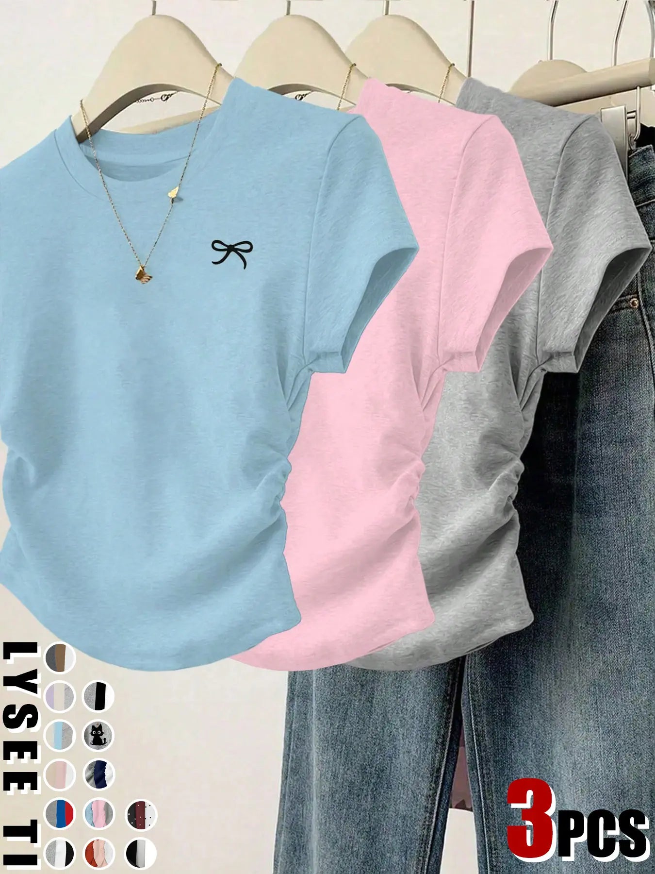 Elevate Your Wardrobe with Our Women's Casual Slim Fit Bow Print Pleated T-Shirt Set - 3 Piece Collection!