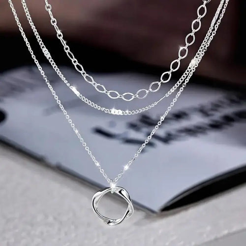 925 Sterling Silver Layered Necklace-Stylish round Pendant Design, Suitable for Parties, Vacations and Gifts