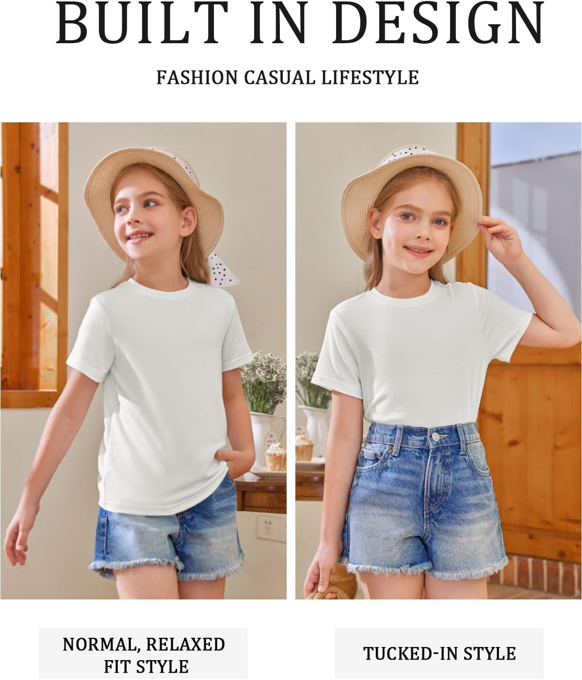 Girls' Short Sleeve Crewneck T-Shirts for Summer, Ages 5-14