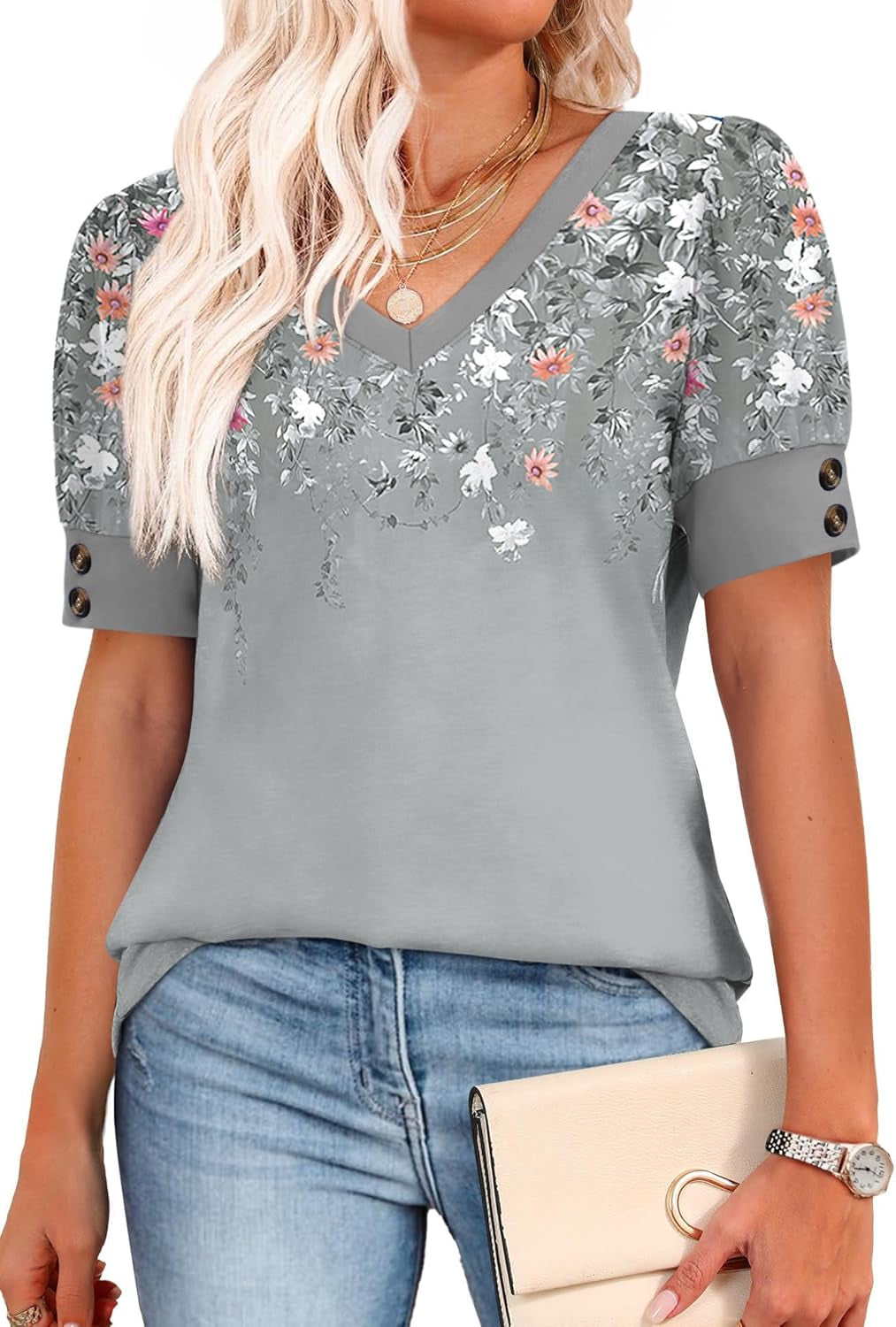 Women's Short Sleeve V-Neck Blouses - Plus Size Dressy Casual Spring and Summer Tops