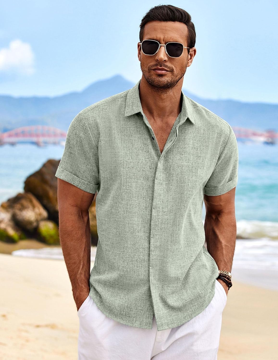 Elevate Your Summer Style with the COOFANDY Men's Light Green Short Sleeve Linen Button-Down Shirt - Perfect for Beach Days and Weddings!