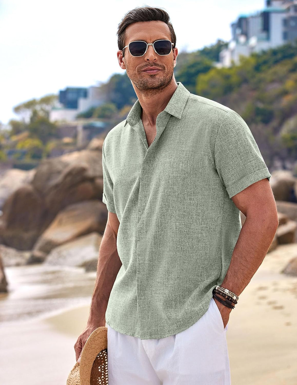 Elevate Your Summer Style with the COOFANDY Men's Light Green Short Sleeve Linen Button-Down Shirt - Perfect for Beach Days and Weddings!