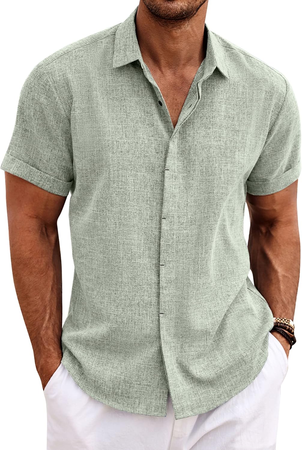 Elevate Your Summer Style with the COOFANDY Men's Light Green Short Sleeve Linen Button-Down Shirt - Perfect for Beach Days and Weddings!