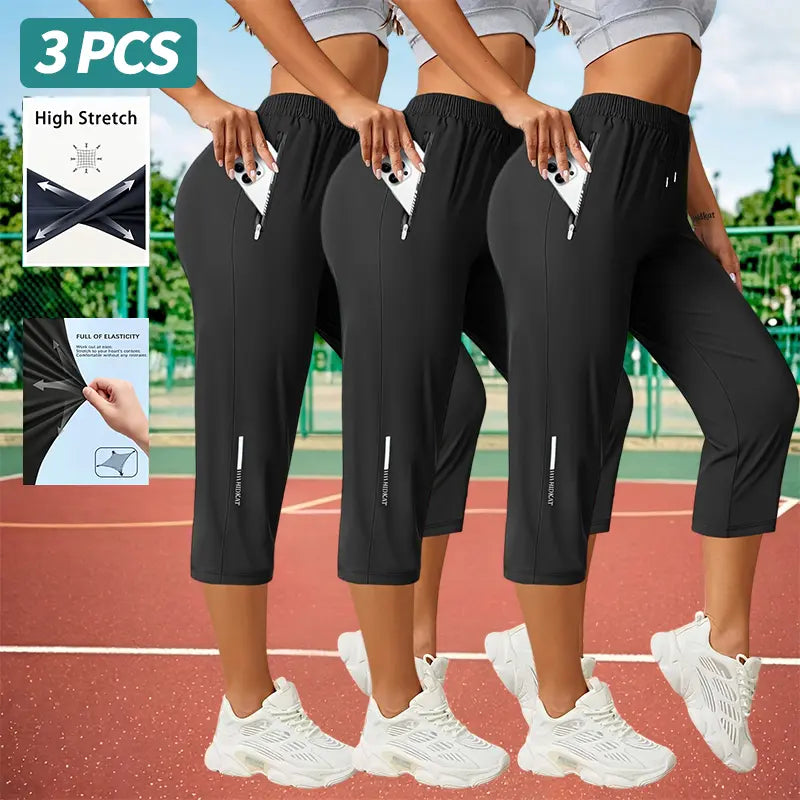 Elevate Your Summer Wardrobe with Our 3-Pack Women’s Capri Pants – Comfortable Drawstring Waist and Functional Zipper Pockets for Everyday Adventures