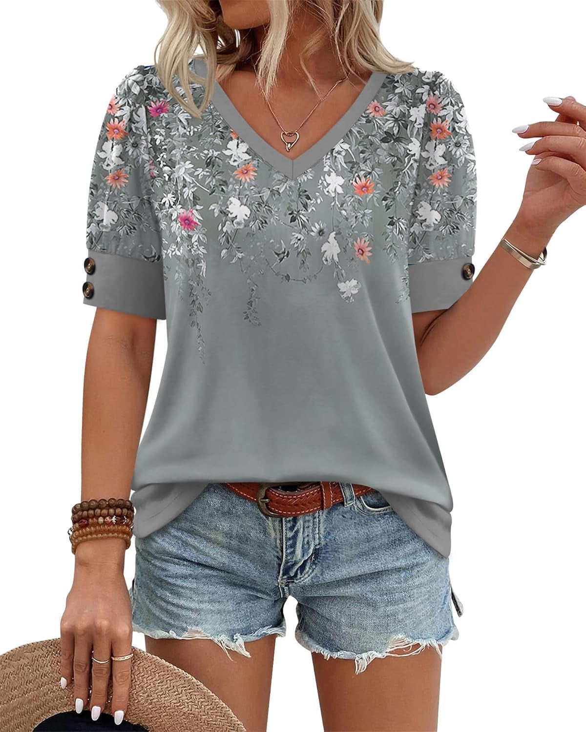 Women's Short Sleeve V-Neck Blouses - Plus Size Dressy Casual Spring and Summer Tops