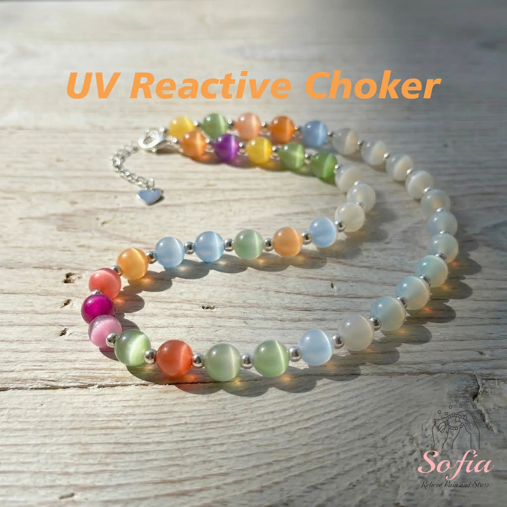 Sofia Dopamine Necklace - Rainbow Beaded Choker - UV Reactive Necklace Waterproof - Summer Jewelry Stainless Steel, Stackable
