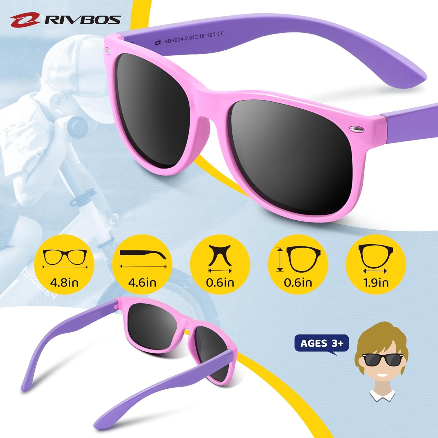 RIVBOS RBK004 Kids Polarized Sunglasses - Stylish Pink UV Protection with Flexible Frame and Adjustable Strap for All-Day Comfort