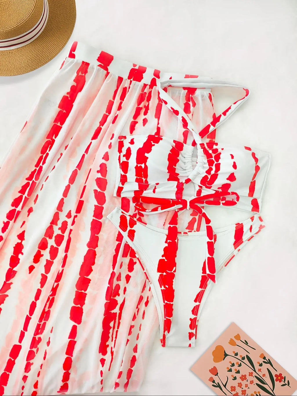 Three-Piece Women's Tie Dye Criss Cross Swimsuit Set with Halter Neck Swim Bra, Split Thigh Cover-Up Skirt, and High Cut Swim Panty for Summer Beach Wear