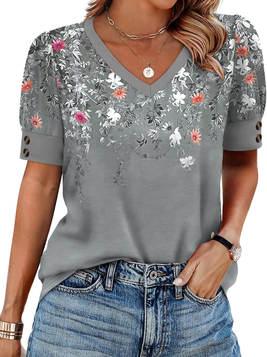 Women's Short Sleeve V-Neck Blouses - Plus Size Dressy Casual Spring and Summer Tops