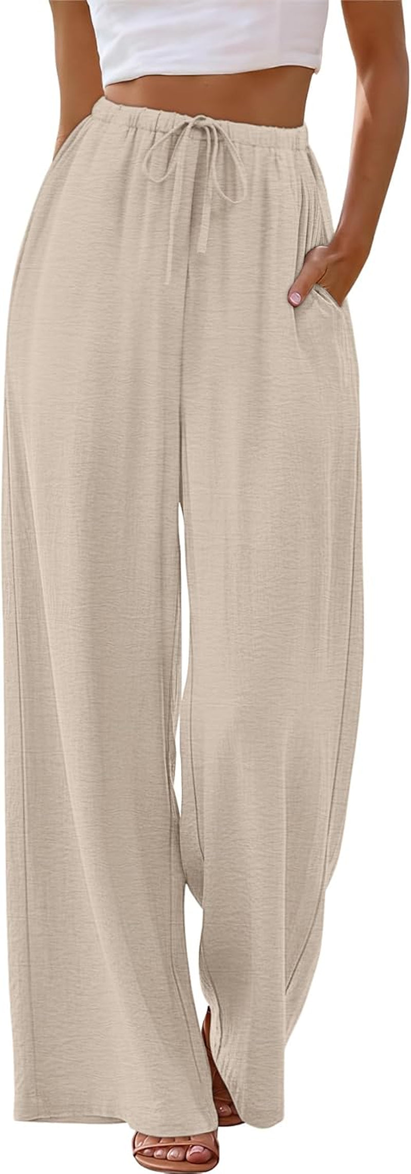 Women's Wide Leg Palazzo Pants with Drawstring Elastic Waist and Pockets - Ideal for Summer Beach Vacations