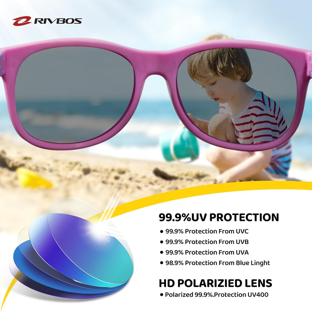 RIVBOS RBK004 Kids Polarized Sunglasses - Stylish Pink UV Protection with Flexible Frame and Adjustable Strap for All-Day Comfort