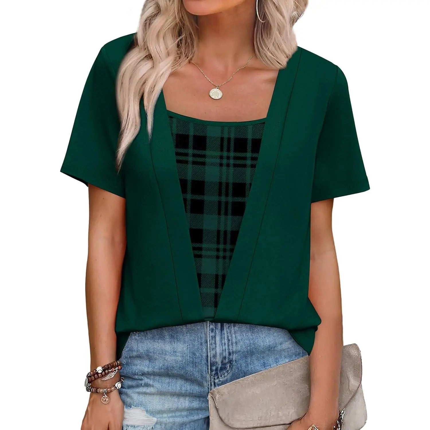WIHOLL Fashion Womens Summer Tops Trendy 2 in 1 Blouses Short Sleeve Shirts Casual T Shirts Beach Vacation Clothes