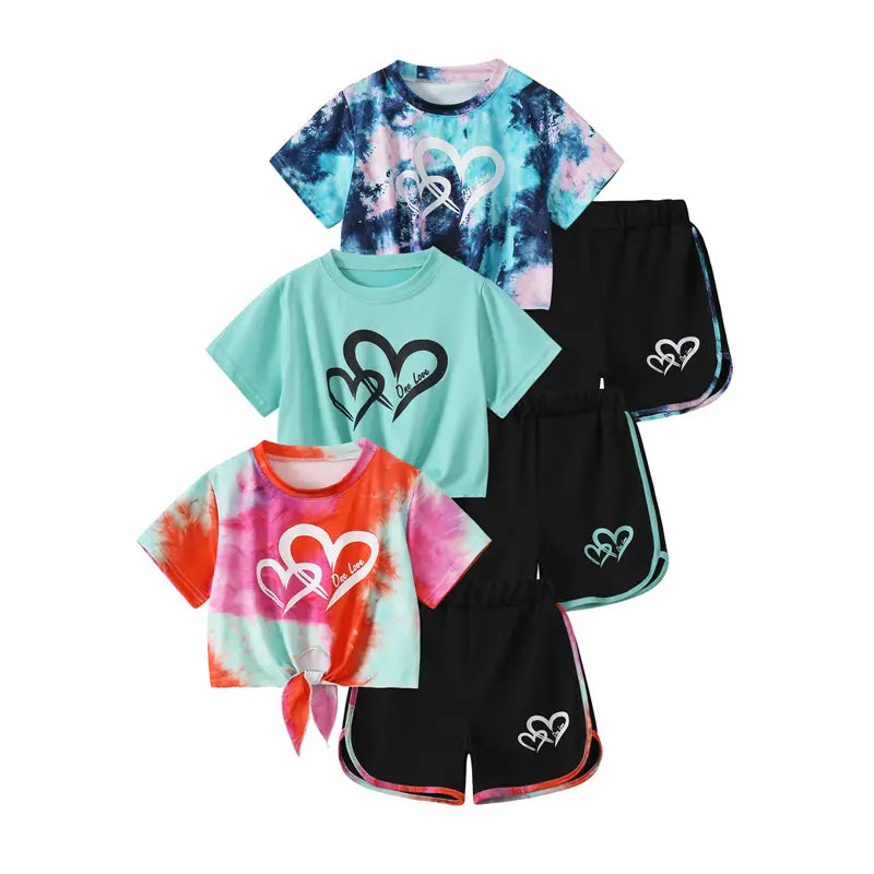 6-Pack #Summervibes Girls Summer Love Heart Print Vacation T-Shirt & Dolphin Shorts Tracksuit Set for Sports, Casual, Dance
