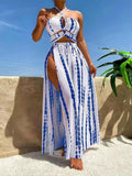 Three-Piece Women's Tie Dye Criss Cross Swimsuit Set with Halter Neck Swim Bra, Split Thigh Cover-Up Skirt, and High Cut Swim Panty for Summer Beach Wear