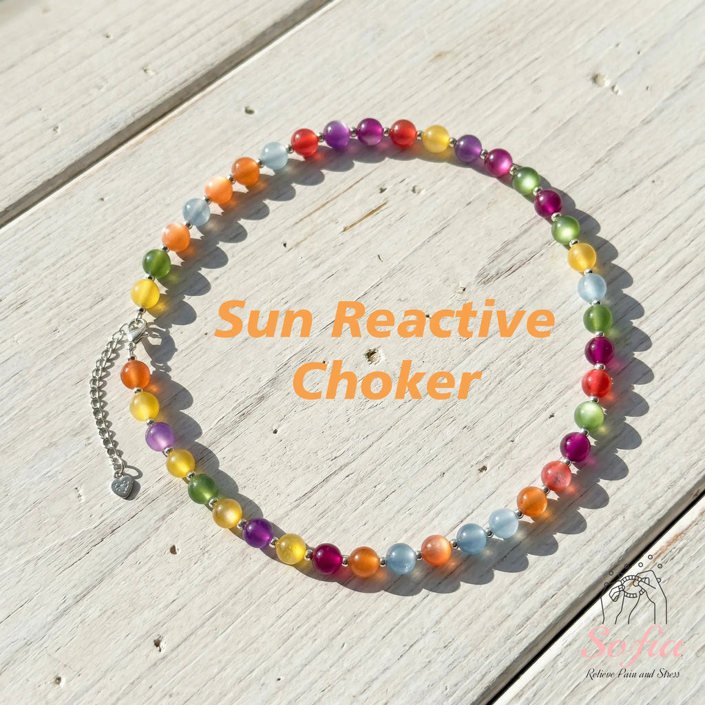 Sofia Dopamine Necklace - Rainbow Beaded Choker - UV Reactive Necklace Waterproof - Summer Jewelry Stainless Steel, Stackable