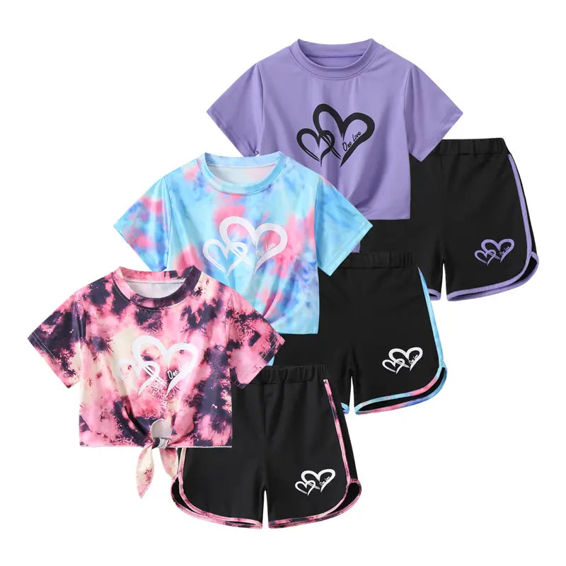 6-Pack #Summervibes Girls Summer Love Heart Print Vacation T-Shirt & Dolphin Shorts Tracksuit Set for Sports, Casual, Dance