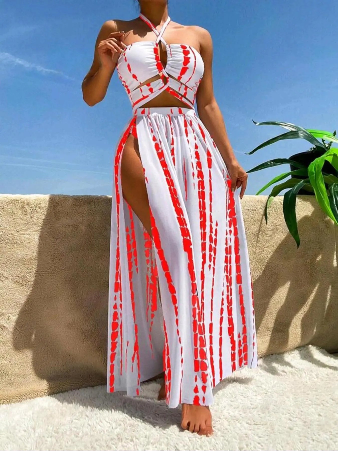 Three-Piece Women's Tie Dye Criss Cross Swimsuit Set with Halter Neck Swim Bra, Split Thigh Cover-Up Skirt, and High Cut Swim Panty for Summer Beach Wear