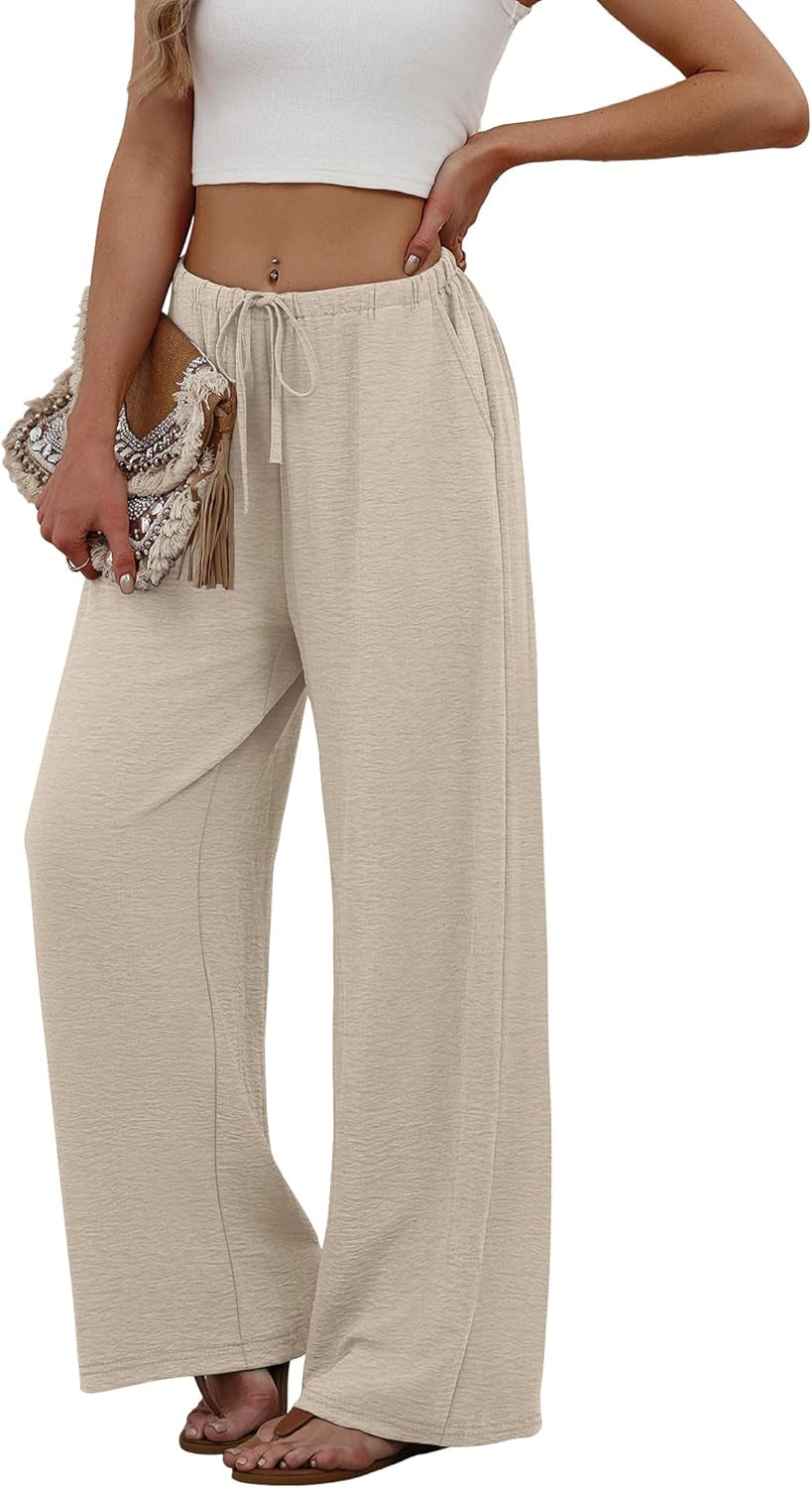 Women's Wide Leg Palazzo Pants with Drawstring Elastic Waist and Pockets - Ideal for Summer Beach Vacations