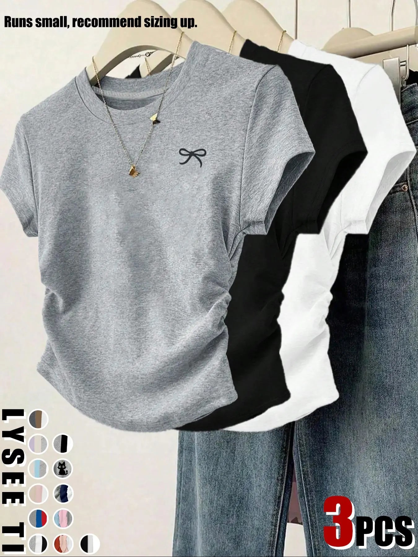 Elevate Your Wardrobe with Our Women's Casual Slim Fit Bow Print Pleated T-Shirt Set - 3 Piece Collection!
