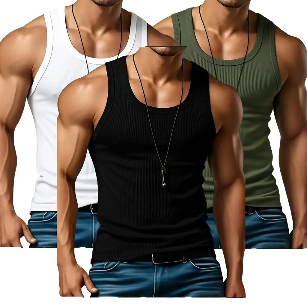 Elevate Your Summer Wardrobe with 3PCS Men's Lightweight Ribbed Knit Tank Tops - Perfect for Gym, Casual Wear, and Outdoor Fitness!