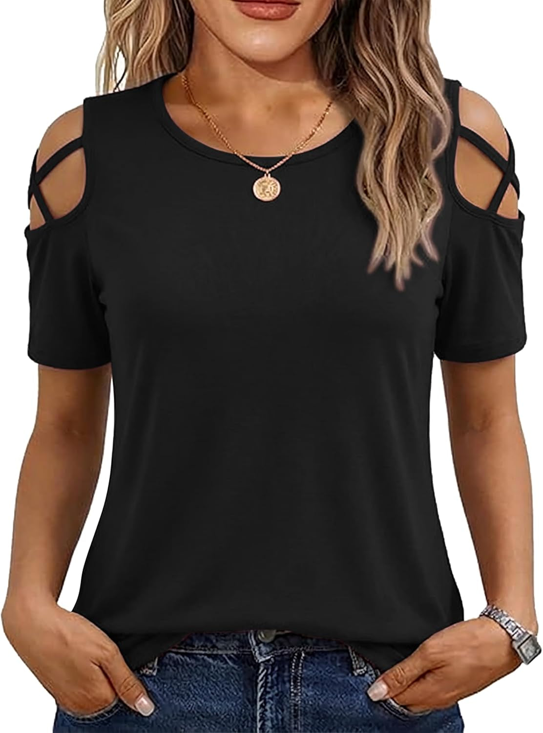 Women's Short Sleeve Cold Shoulder Tops - Spring/Summer Loose Fit Tunic 2026