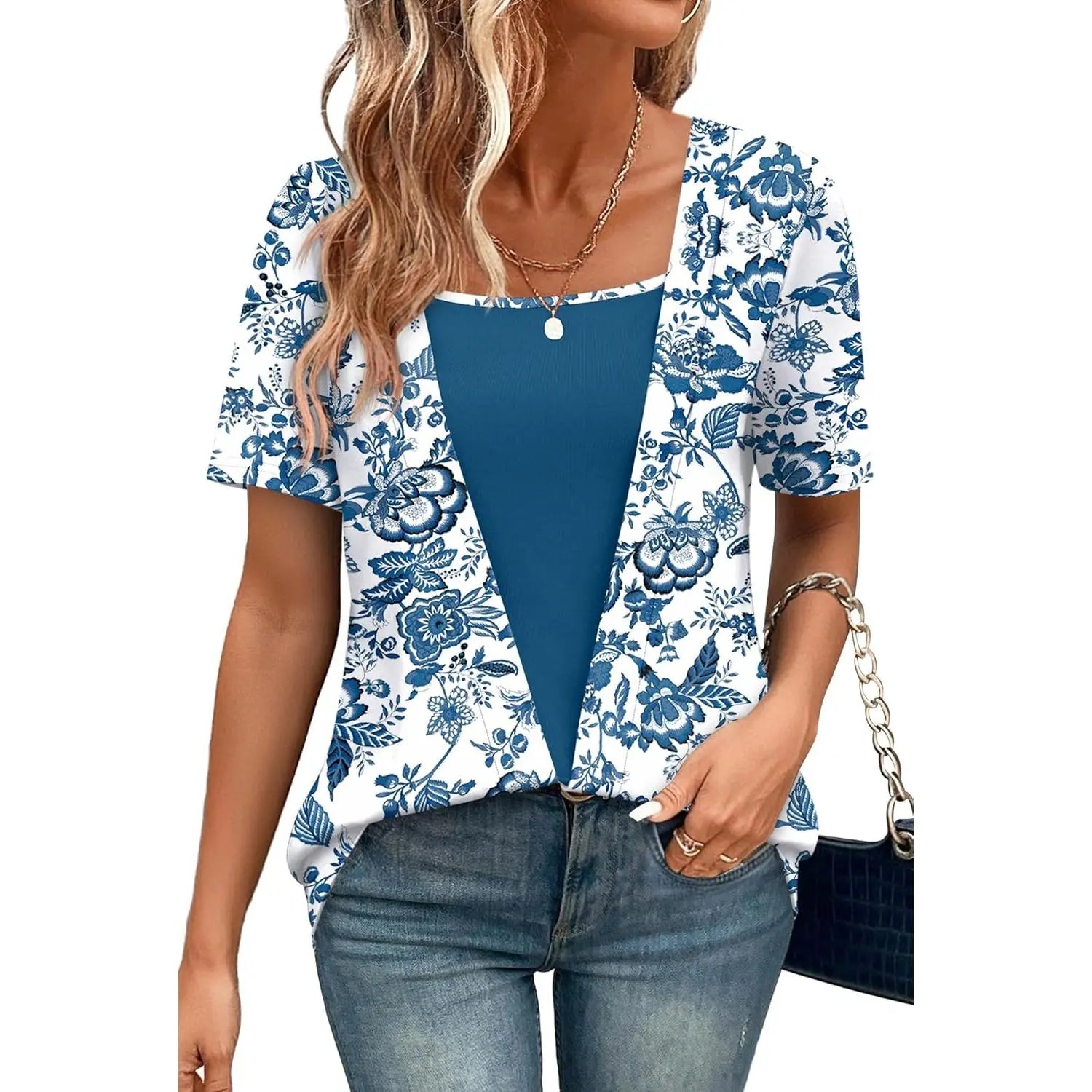 WIHOLL Fashion Womens Summer Tops Trendy 2 in 1 Blouses Short Sleeve Shirts Casual T Shirts Beach Vacation Clothes